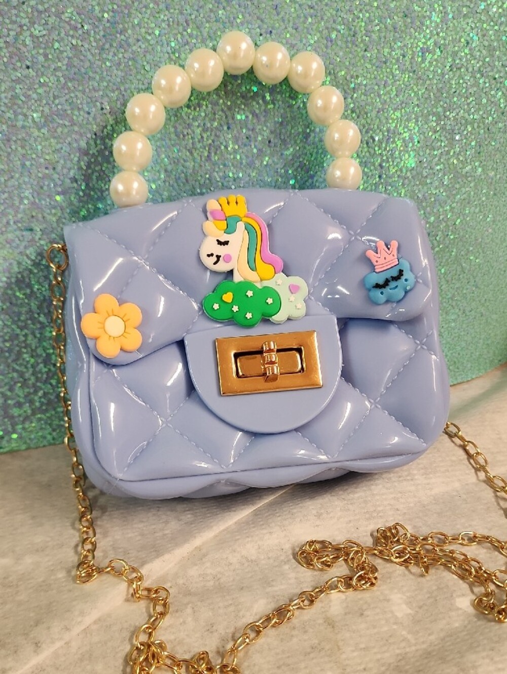 Lilac Quilted Pearl-Handle Crossbody Bag with Unicorn Accents - Picture 2 of 13